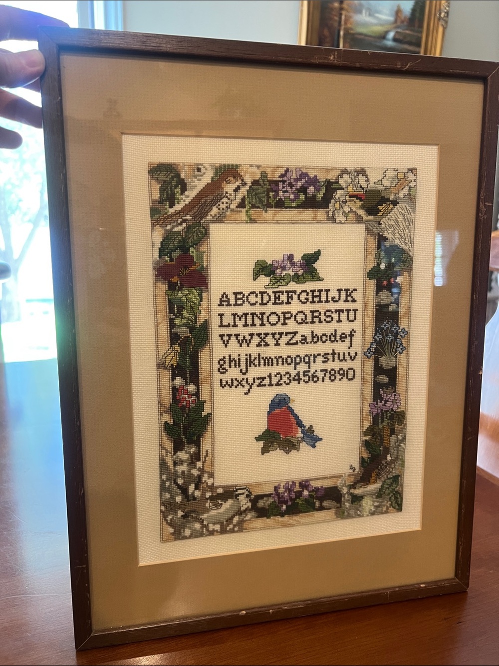 Framed Cross-Stitch Alphabet Sampler in Brown Frame